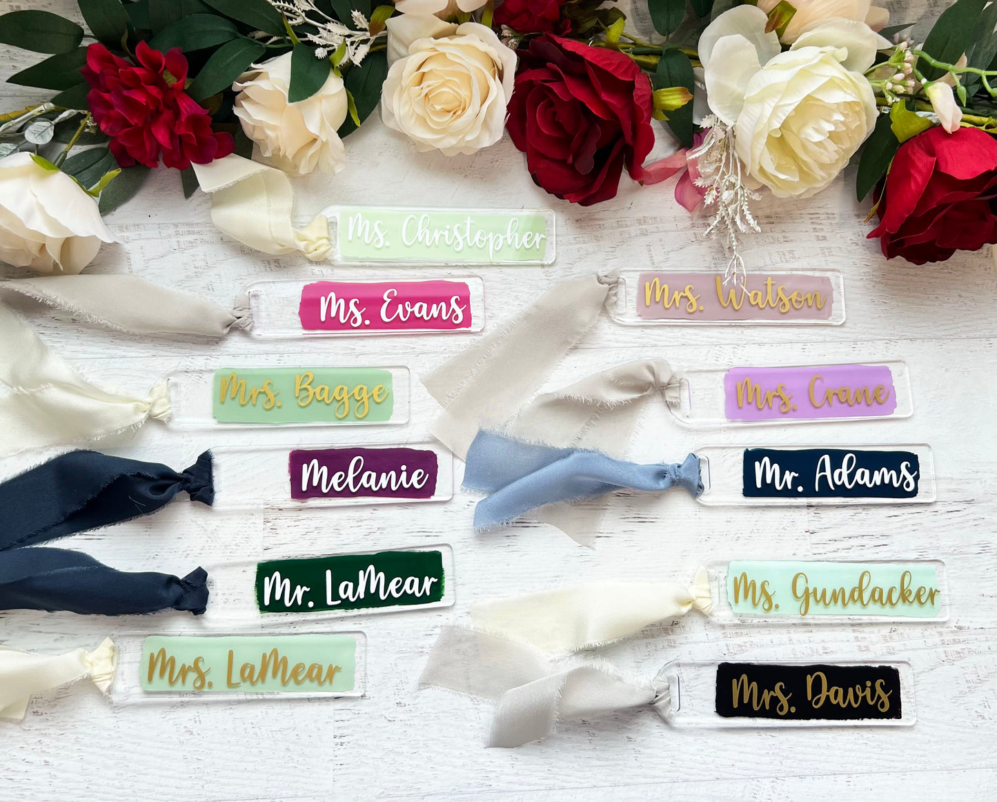 Personalized Acrylic Bookmark | Personalized Wedding Favors | Wedding Place Cards | Back Painted Bookmark with Frayed Edge Silk Ribbon