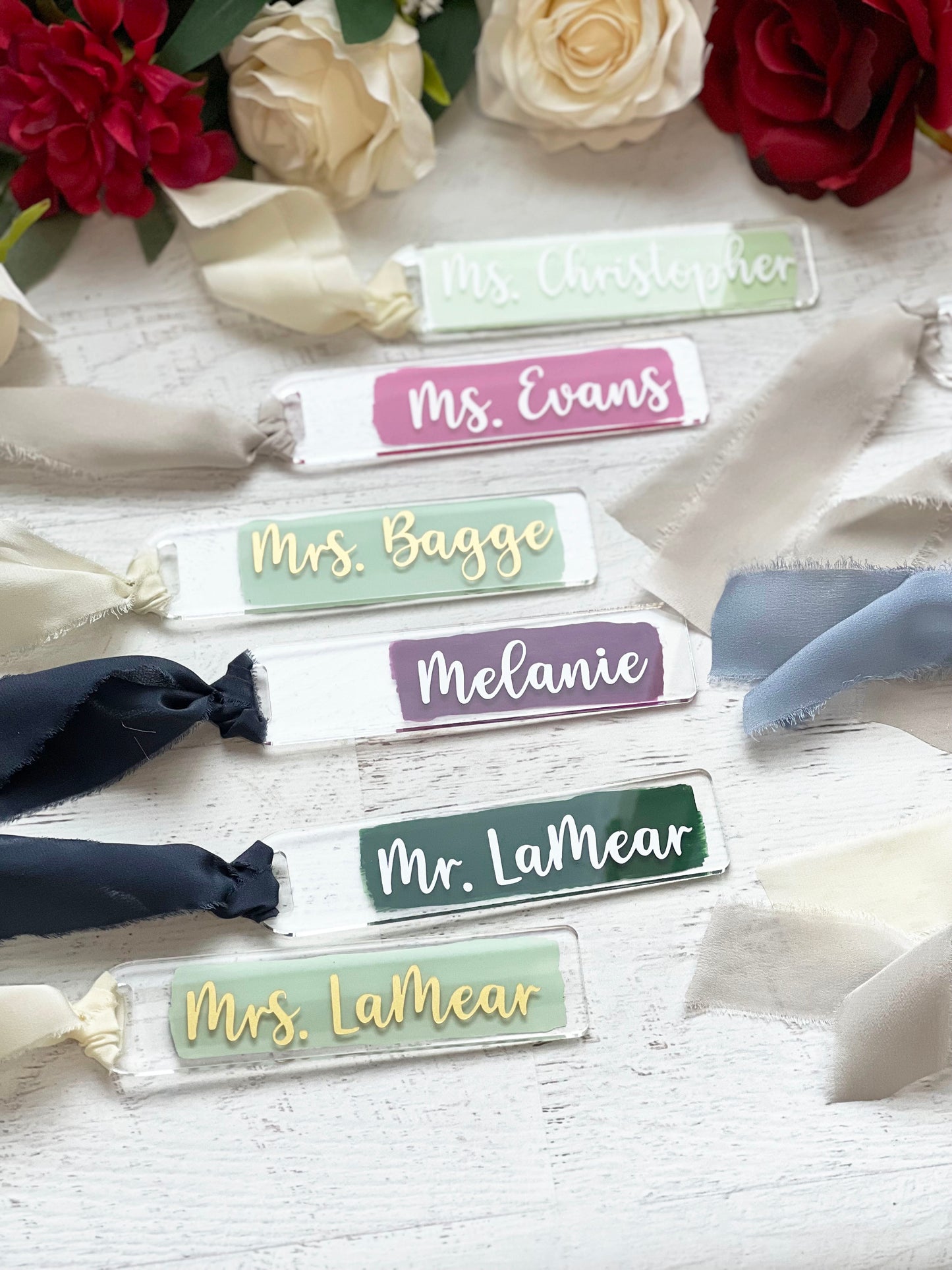 Personalized Acrylic Bookmark | Personalized Wedding Favors | Wedding Place Cards | Back Painted Bookmark with Frayed Edge Silk Ribbon