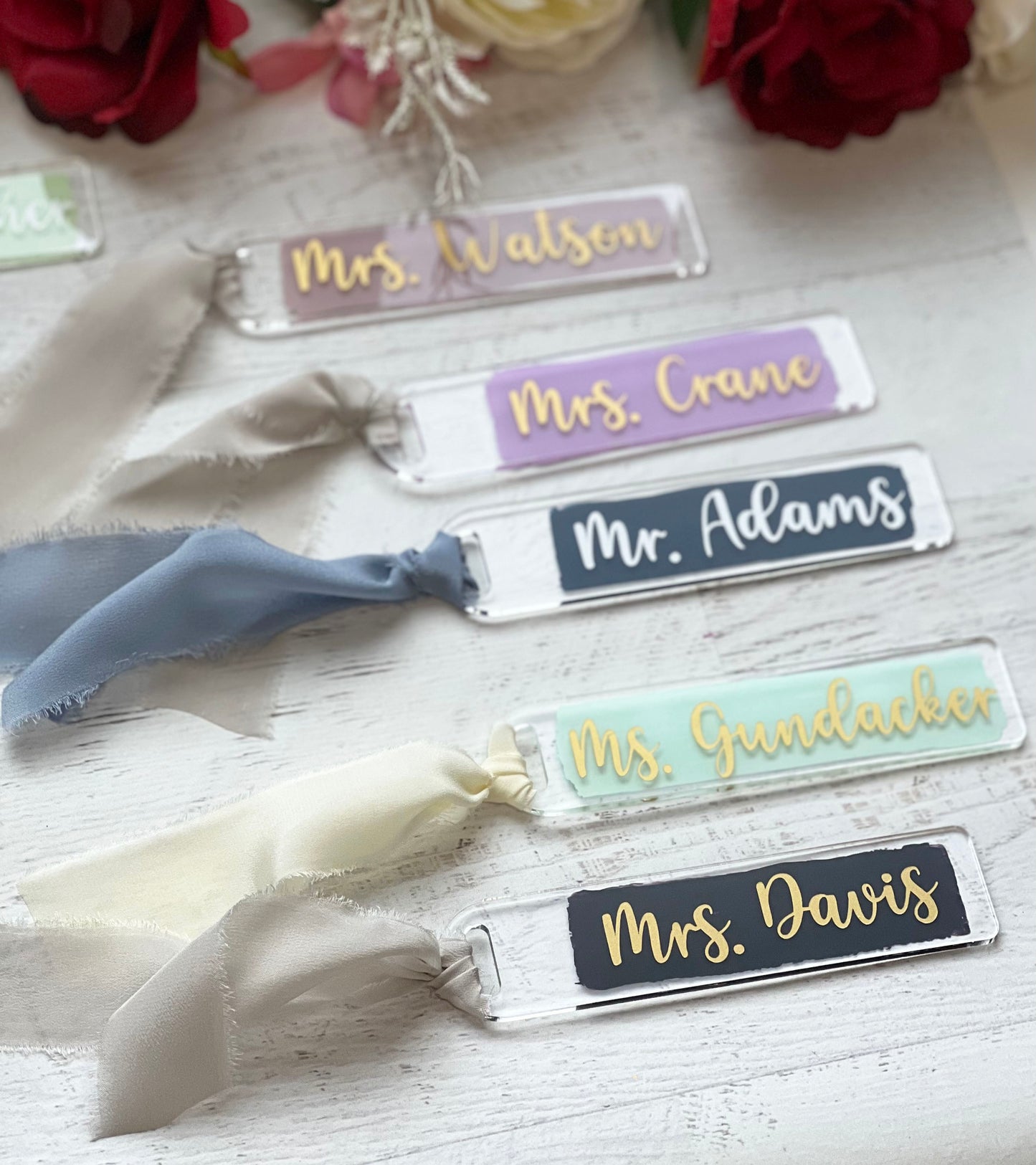 Personalized Acrylic Bookmark | Personalized Wedding Favors | Wedding Place Cards | Back Painted Bookmark with Frayed Edge Silk Ribbon