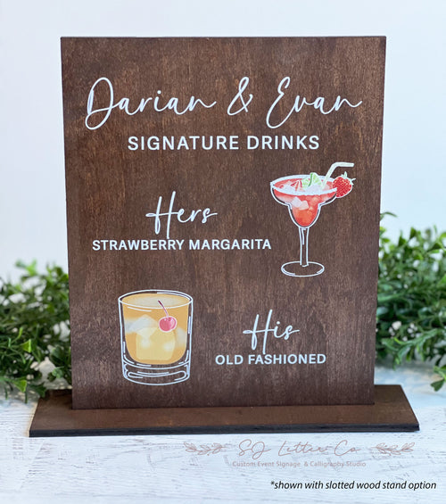 Wood Wedding Drinks Sign | Illustrated His & Hers Drinks Wood Wedding Sign | Wood Wedding Bar Sign