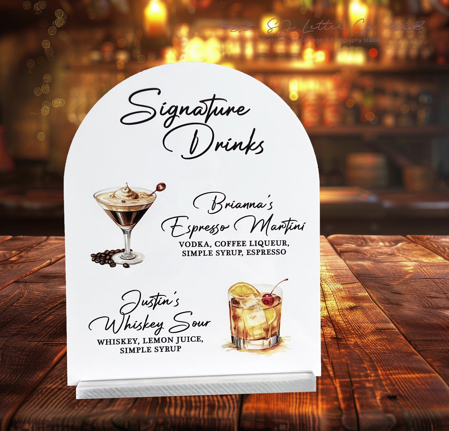 Acrylic Wedding Signature Drinks Bar Sign | Acrylic Arch Shape Bar Sign with Acrylic Stand