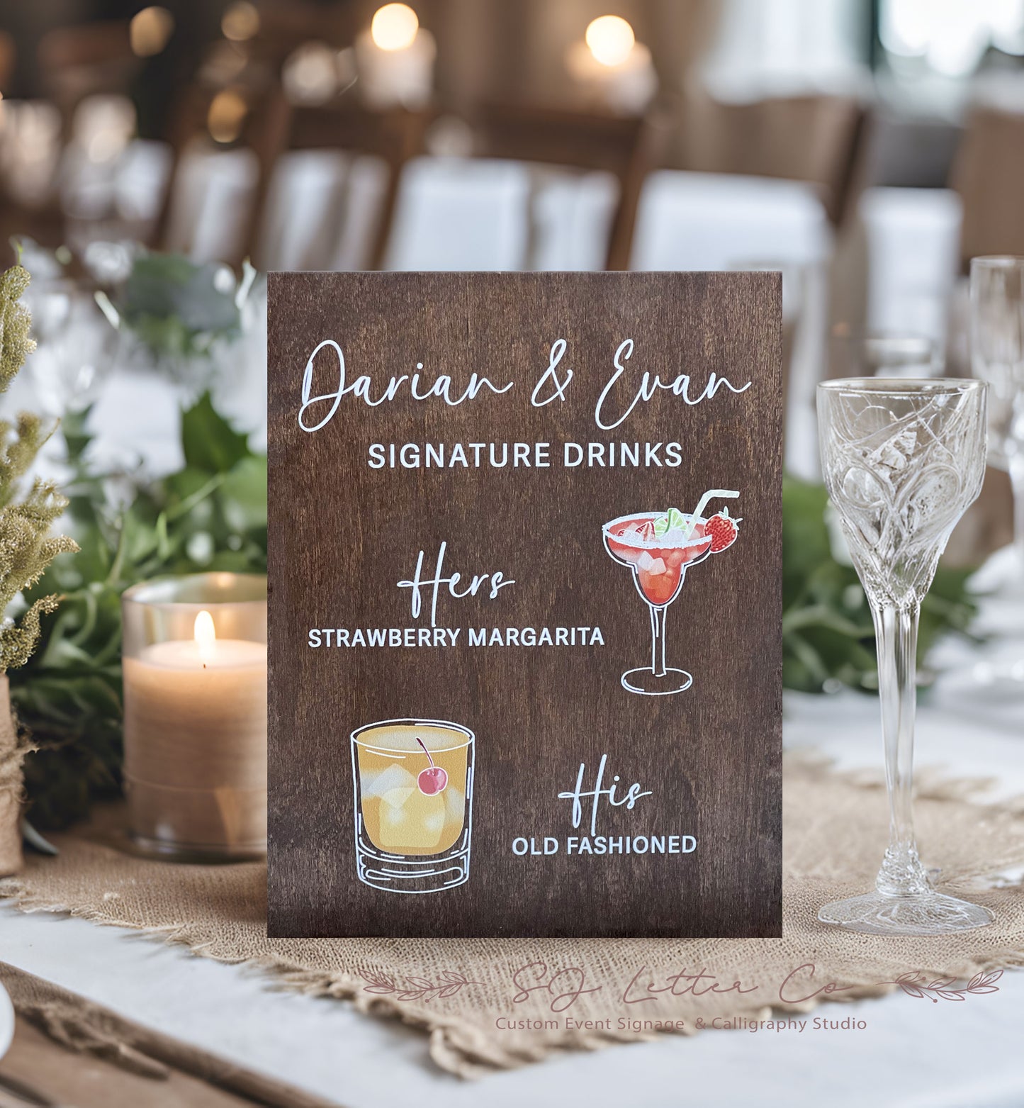 Wood Wedding Drinks Sign | Illustrated His & Hers Drinks Wood Wedding Sign | Wood Wedding Bar Sign