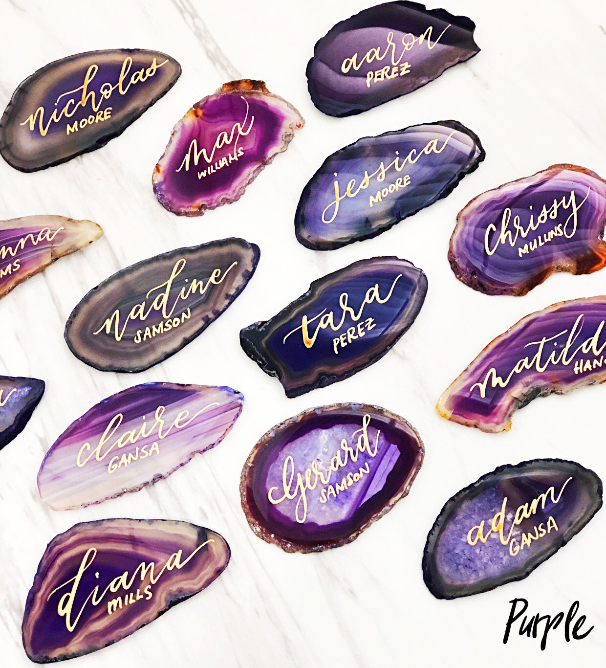 2.5" - 3" Purple Agate Slice Calligraphy Name Place Cards | Agate Calligraphy Name Cards