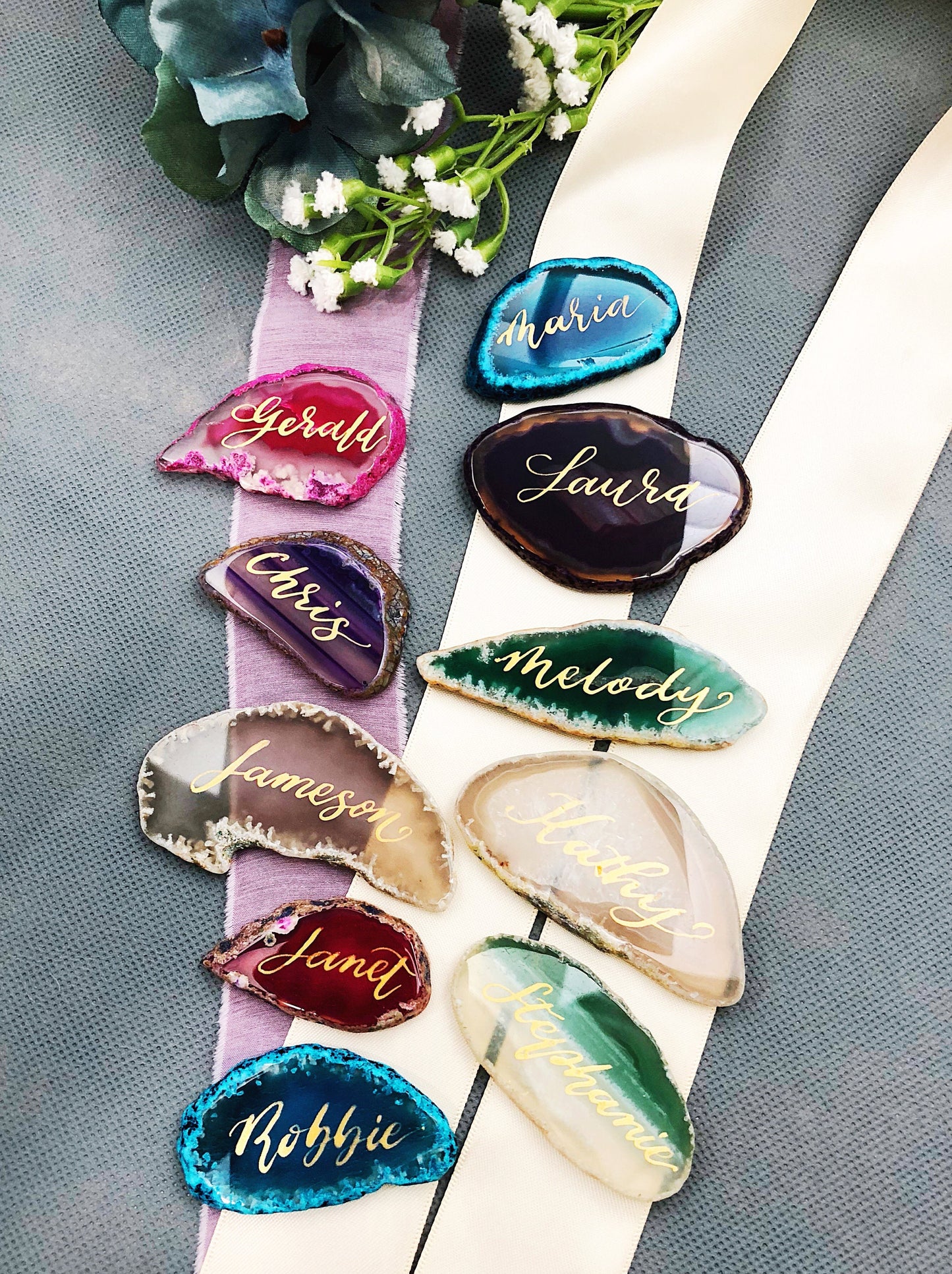 3" - 3.5" EXTRA LARGE Teal Agate Slice Calligraphy Name Place Cards | Agate Calligraphy Name Cards