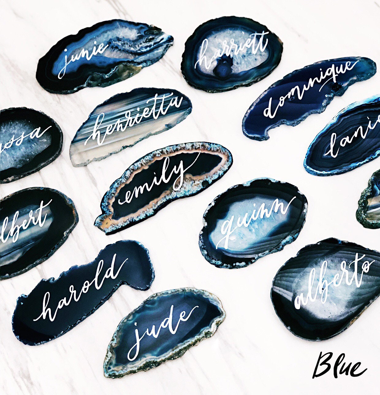 3" - 3.5" EXTRA LARGE Teal Agate Slice Calligraphy Name Place Cards | Agate Calligraphy Name Cards