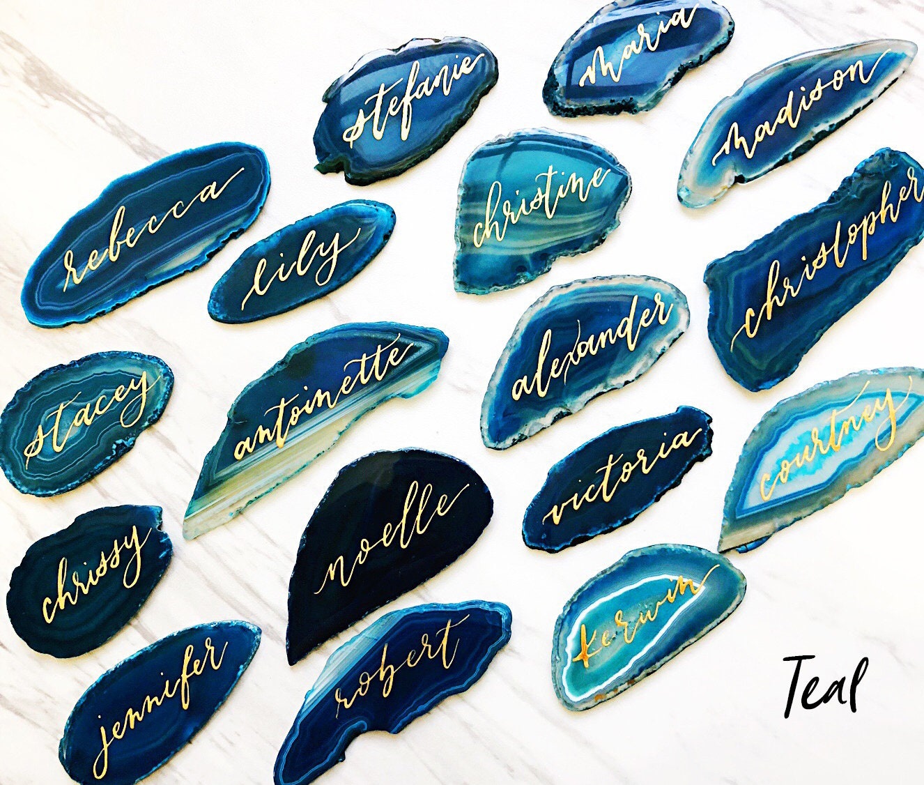 3 - 3.5" EXTRA LARGE Blue Agate Slice Calligraphy Name Place Cards | Agate Calligraphy Name Cards