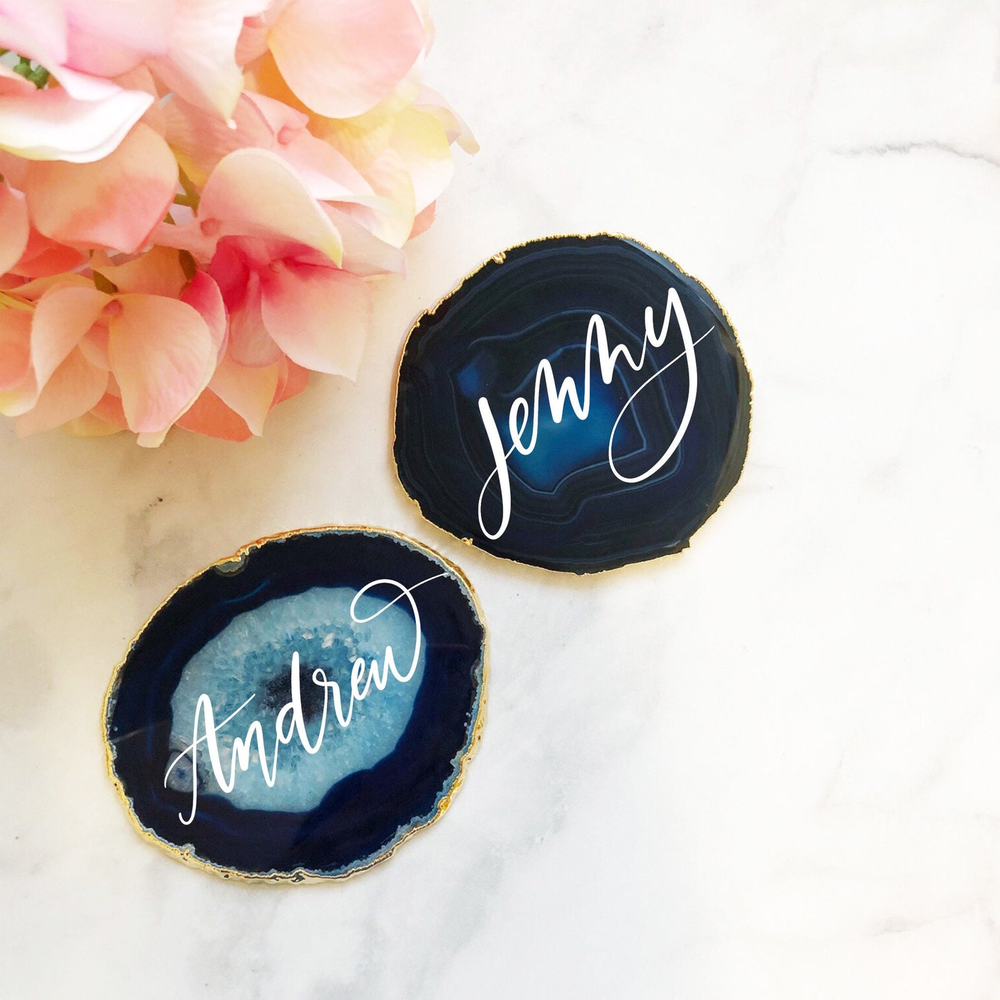 Set of 2 Teal Agate Coasters Gold Plated Rim Edge | 2S1