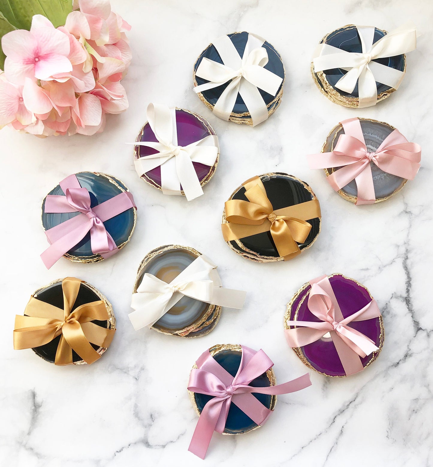 Set of 2 Pink Agate Coasters Gold Plated Rim Edge | 2S1