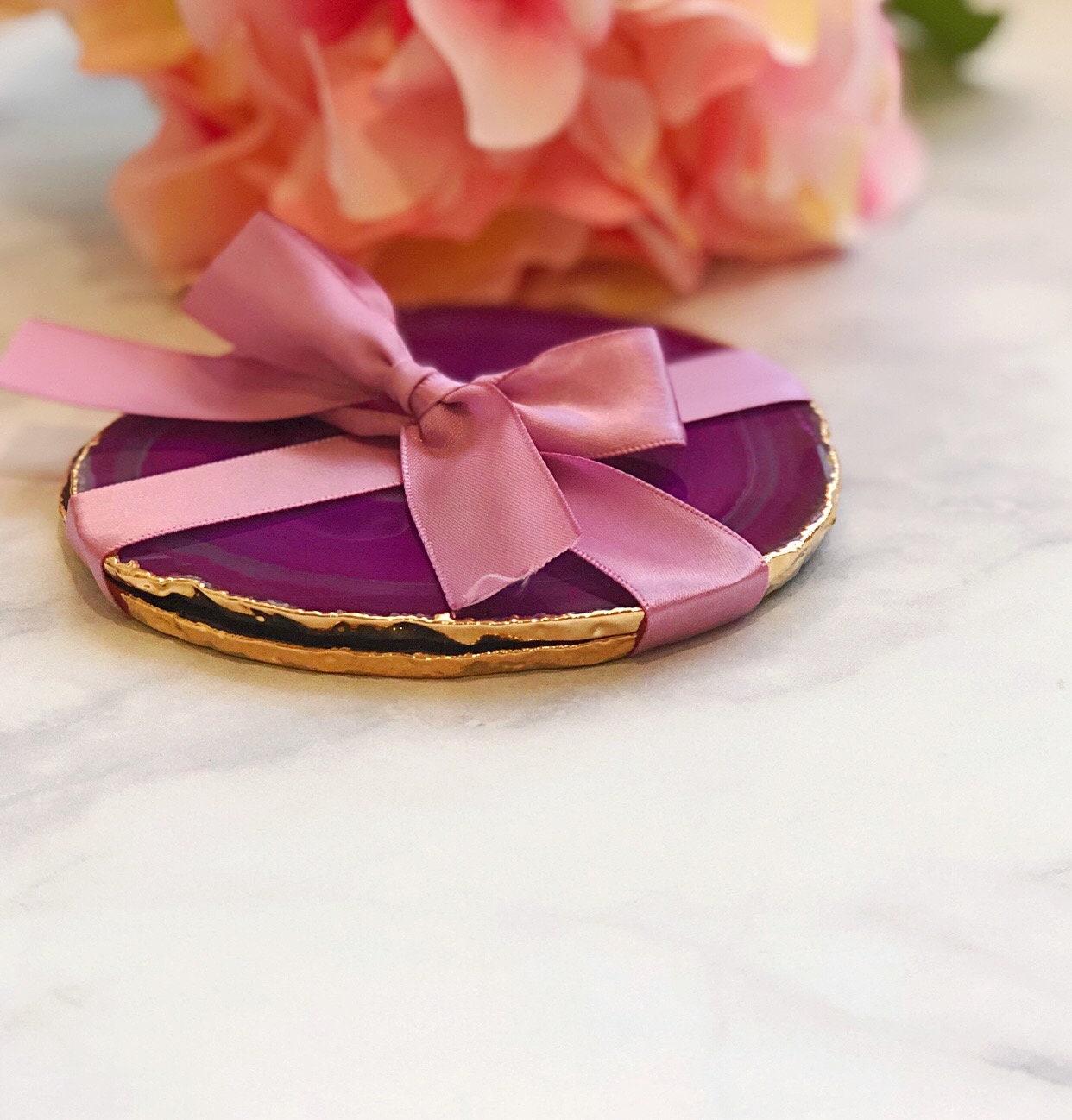 Set of 2 Pink Agate Coasters Gold Plated Rim Edge  | 2S1