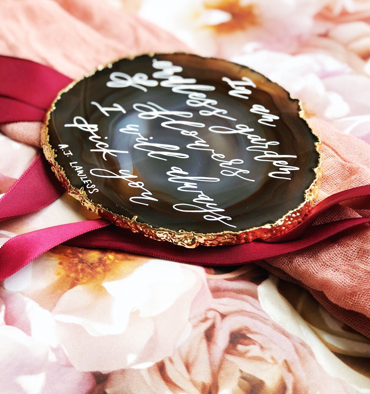 Custom Poem Verse Quote Calligraphy on Gold Trim Agate Slice