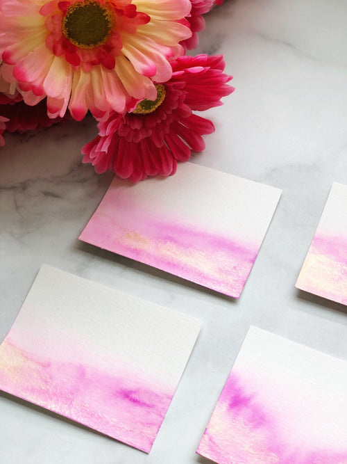 Blank Pink Watercolor Wash Wedding Place Cards with Gold Accents