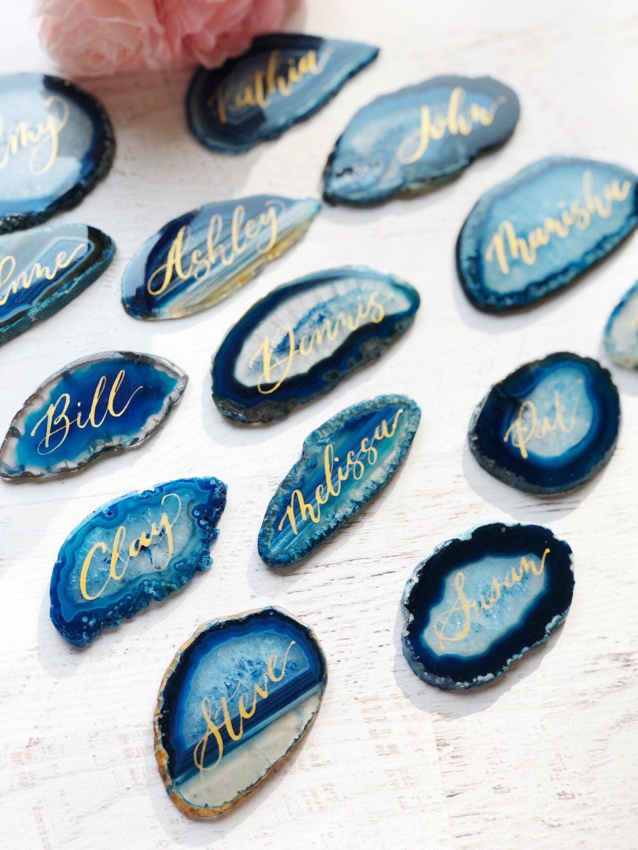 2.5" - 3" Blue Agate Slice Calligraphy Name Place Cards | Agate Calligraphy Name Cards
