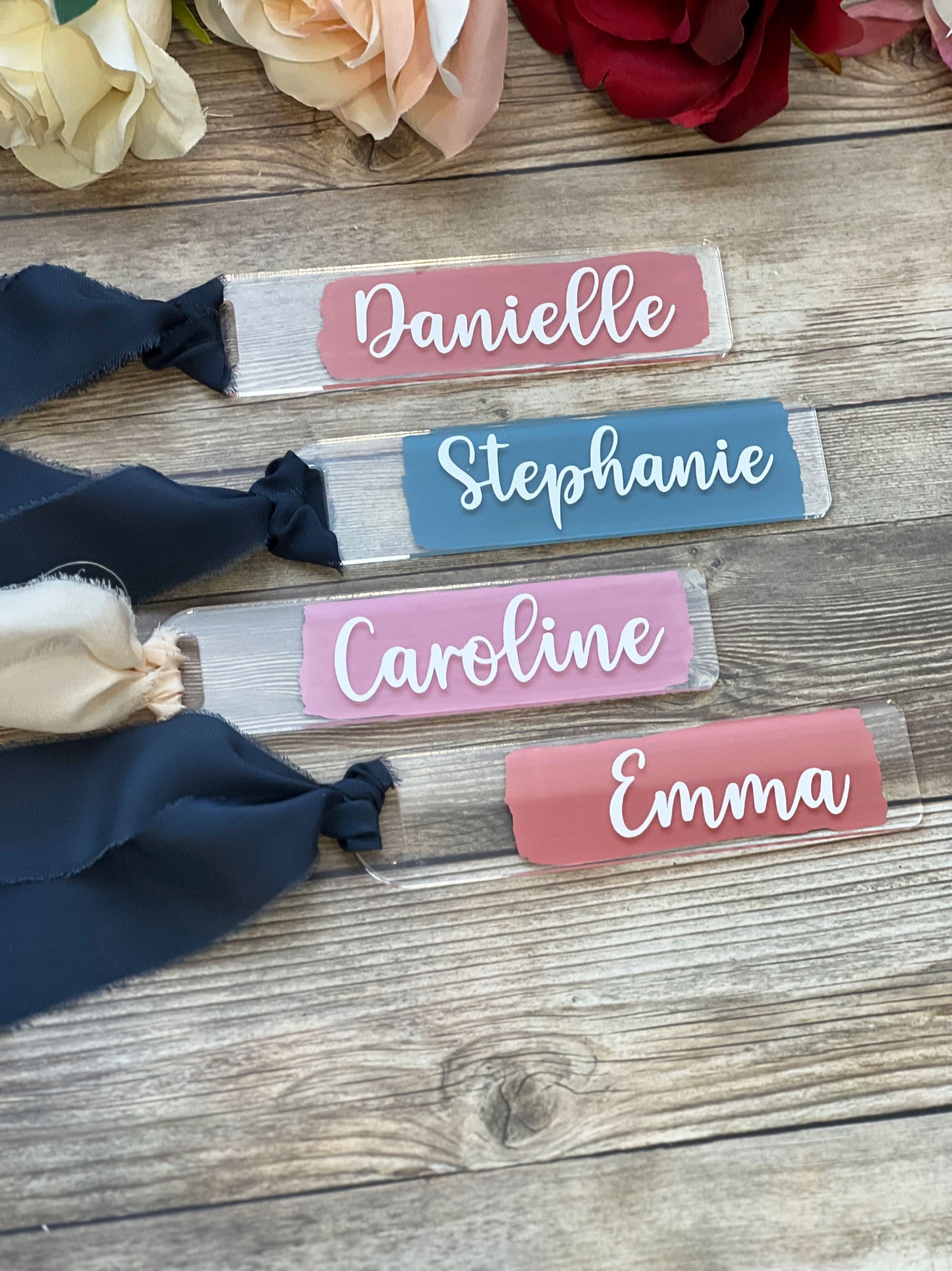 Personalized Acrylic Bookmark | Personalized Wedding Favors | Wedding Place Cards | Back Painted Bookmark with Frayed Edge Silk Ribbon