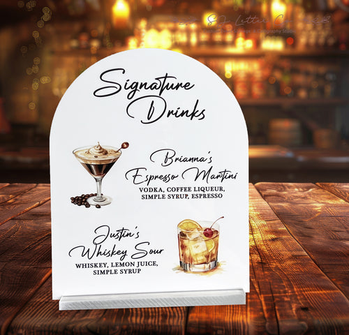 Acrylic Wedding Signature Drinks Bar Sign | Acrylic Arch Shape Bar Sign with Acrylic Stand