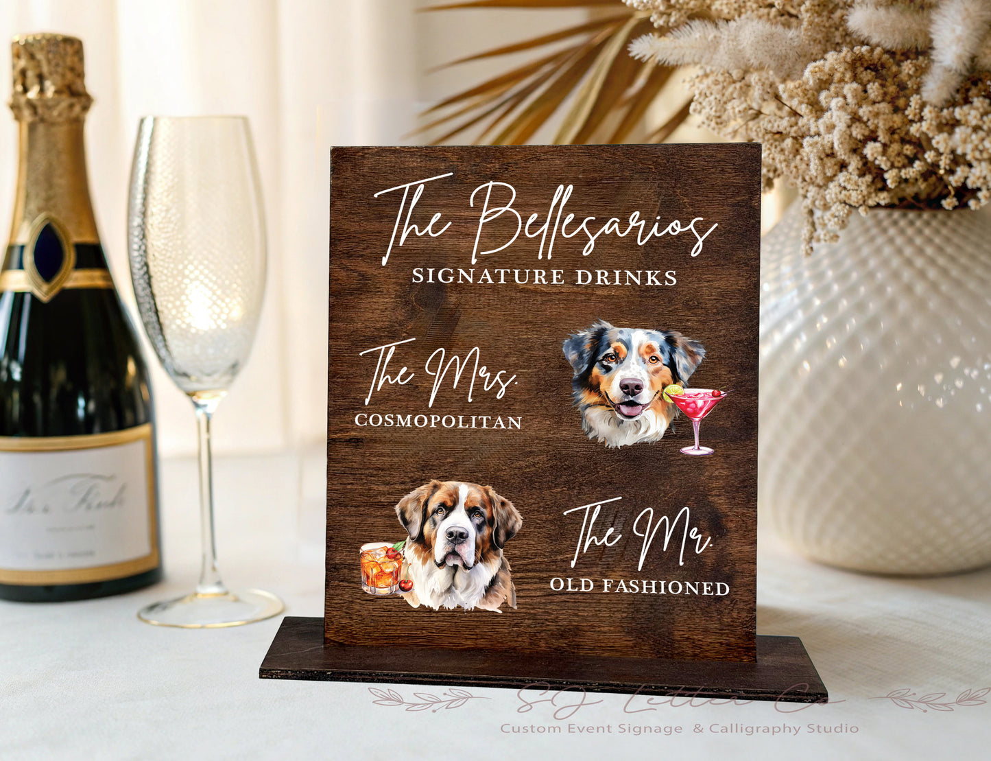 Custom Pet Wedding Signature Drink Sign, Illustrated Wood Menu, Rustic Boho Style