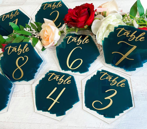 Back Painted Hexagon Acrylic Wedding Table Number Sign | Hexagon Table Numbers | Hexagon Wedding Sign