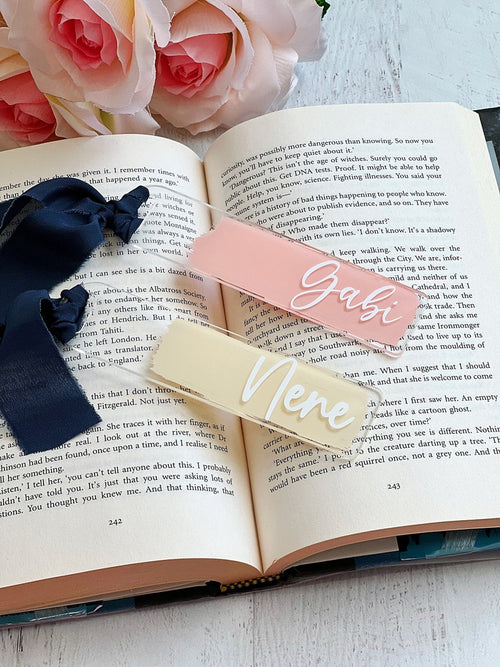 Personalized Acrylic Bookmark | Personalized Wedding Favors | Wedding Place Cards | Back Painted Bookmark with Frayed Edge Silk Ribbon