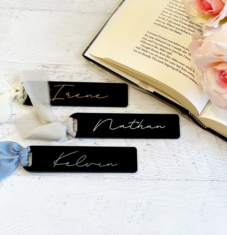 Personalized Engraved Acrylic Bookmark | Personalized Engraved Wedding Favors | Wedding Place Cards | Bookmark with Frayed Edge Silk Ribbon