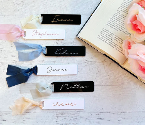 Personalized Engraved Acrylic Bookmark | Personalized Engraved Wedding Favors | Wedding Place Cards | Bookmark with Frayed Edge Silk Ribbon