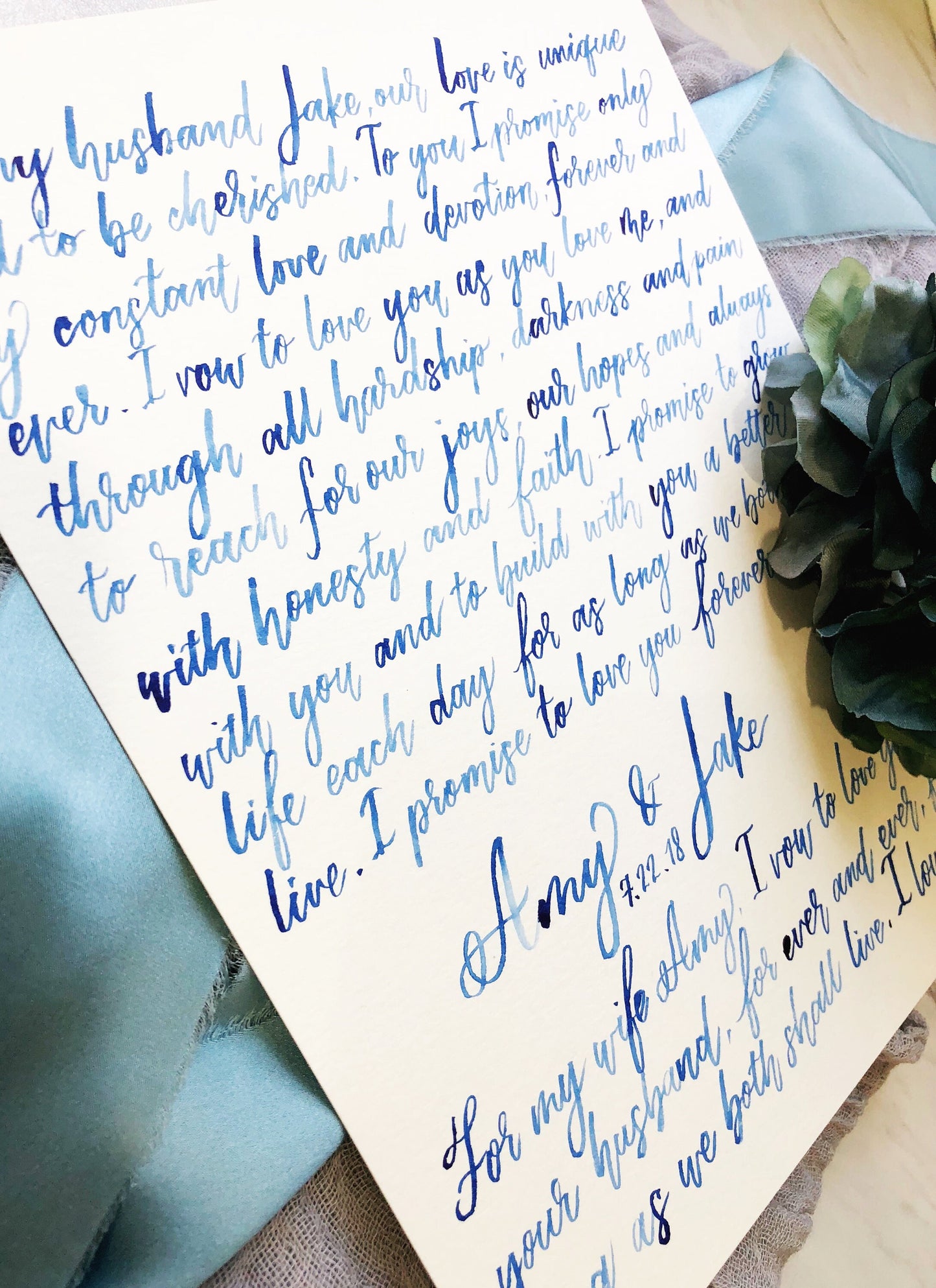 Wedding Vows Keepsake Hand Written Calligraphy | Watercolor Wedding Vows Wall Decor Art | Wedding Anniversary Gift