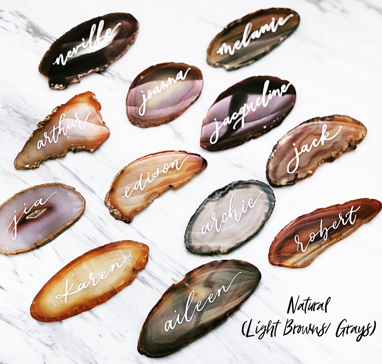 2.5" - 3" Red Dark Brown Natural Agate Slice Calligraphy Place Cards | Agate Slice Name Cards