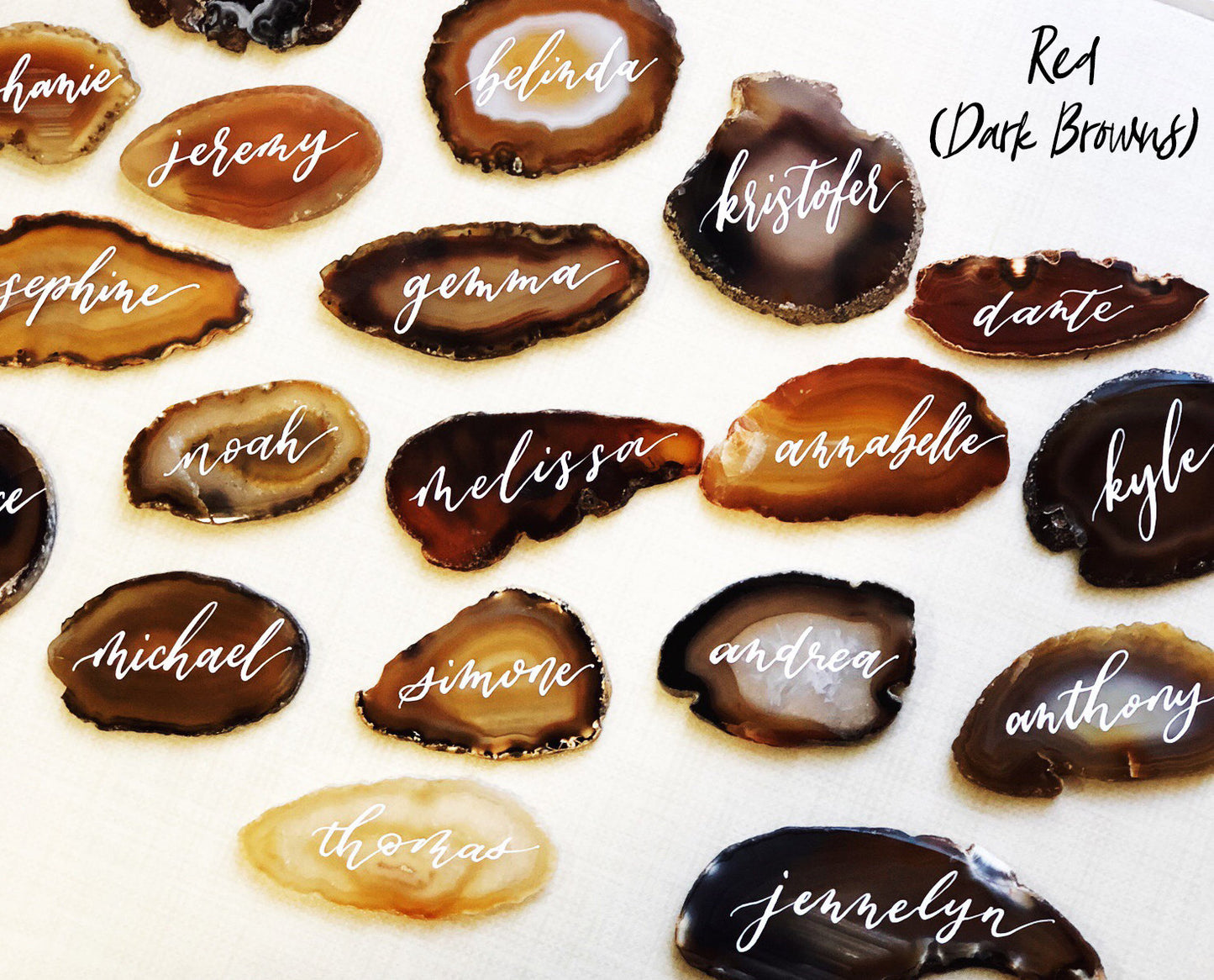 3"-3.5" Extra Large Black Agate Slice Calligraphy Name Place Cards | Agate Calligraphy Name Cards