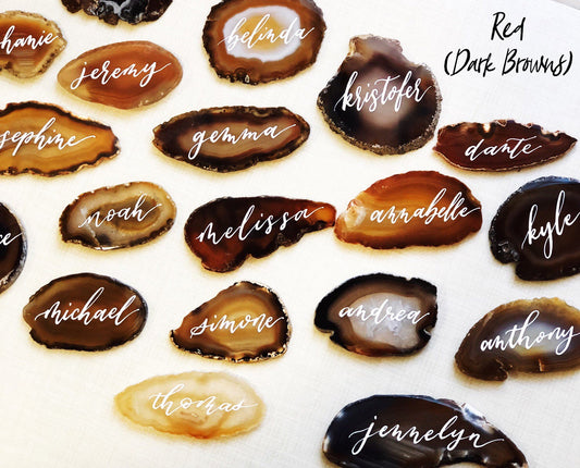 2.5" - 3" Red Dark Brown Natural Agate Slice Calligraphy Place Cards | Agate Slice Name Cards