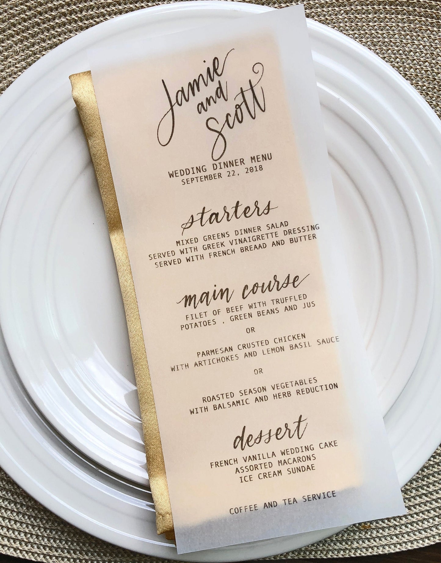 Vellum Wedding Menu | Vellum Wedding Menu with Meal Choice Wax Seal | Modern Calligraphy Vellum Menu | Pack of 20 Vellum Wedding Menu