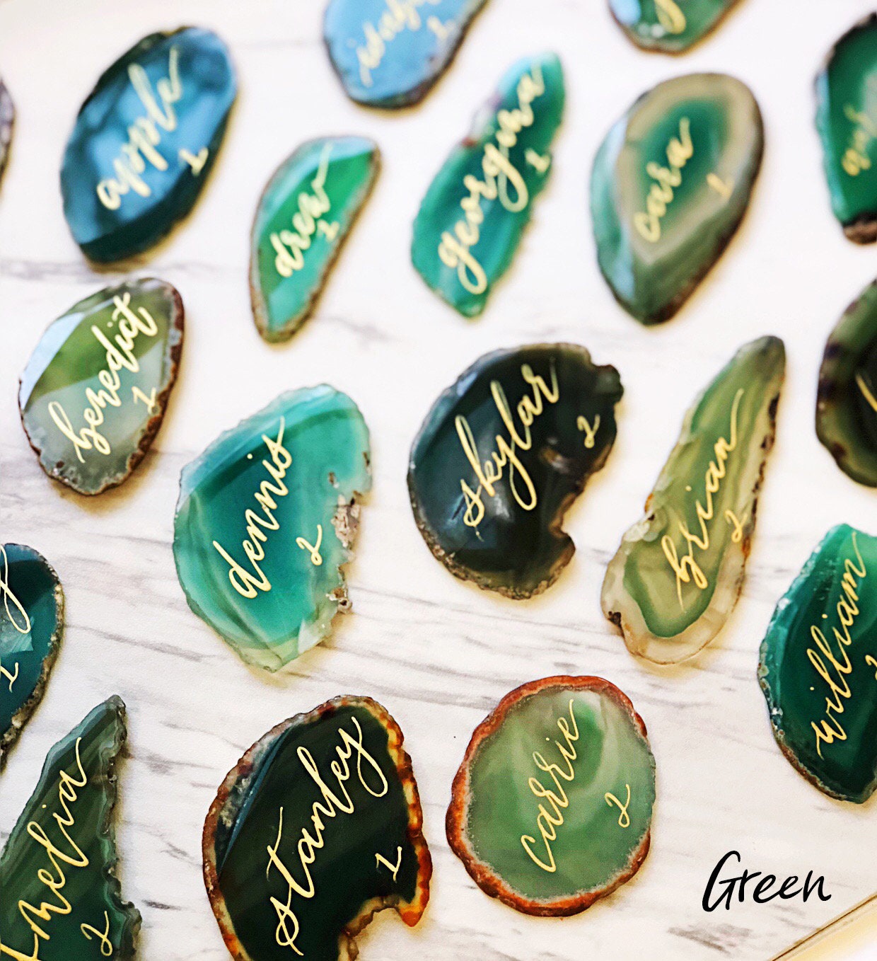 3" - 3.5" EXTRA LARGE Green  Slice Calligraphy Place Cards | Agate Slice Name Cards