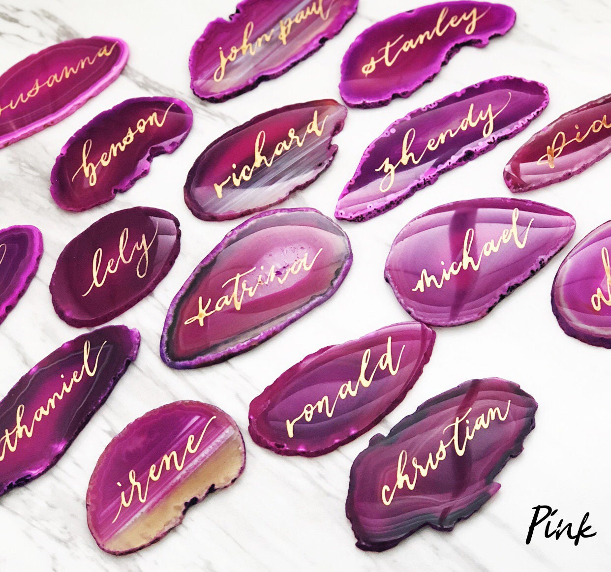 2.5" - 3" Purple Agate Slice Calligraphy Name Place Cards | Agate Calligraphy Name Cards