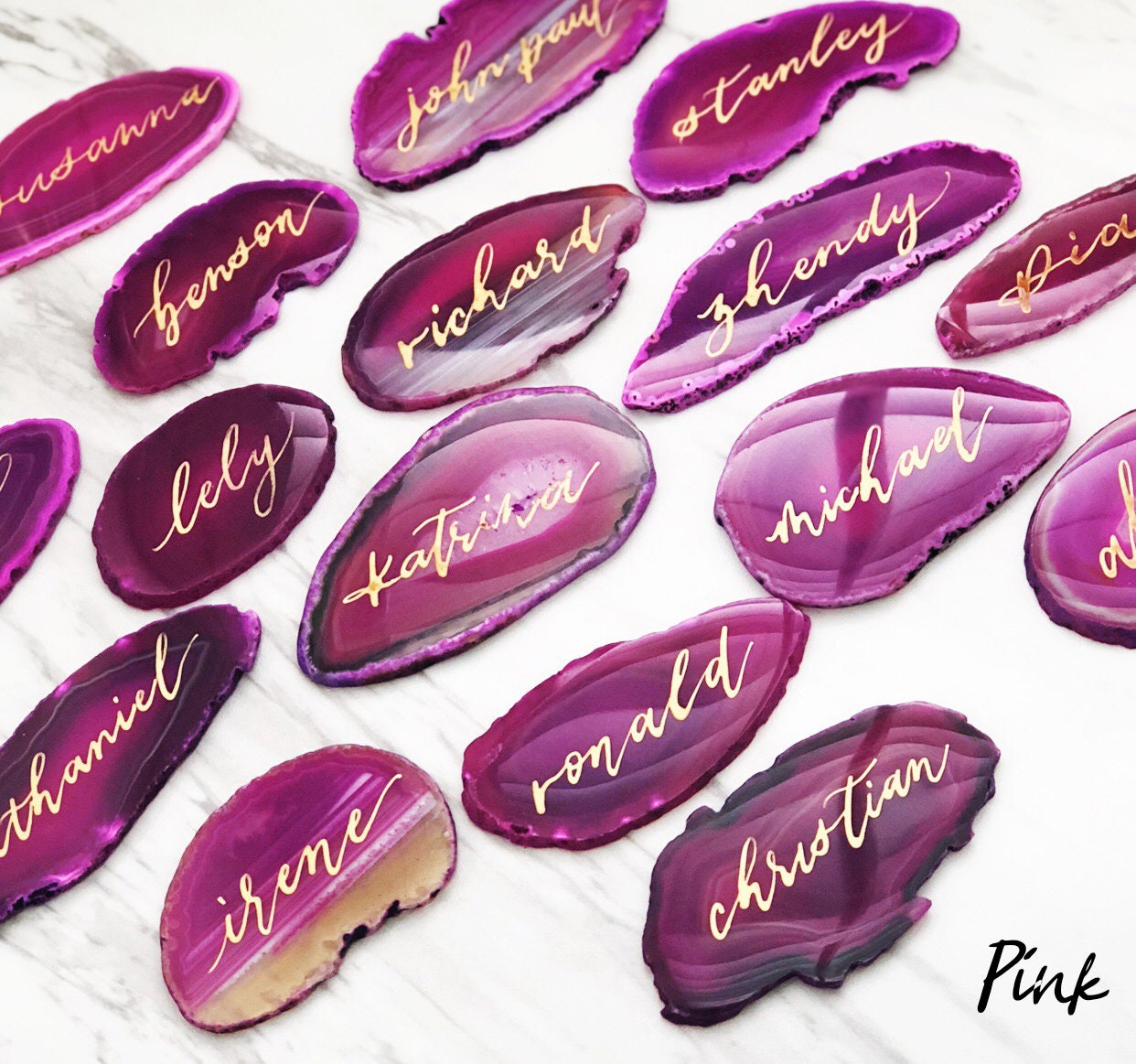 3" - 3.5" EXTRA LARGE Pink Agate Slice Calligraphy Name Place Cards | Agate Calligraphy Name Cards