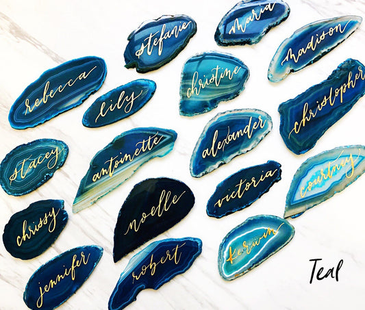 3" - 3.5" EXTRA LARGE Teal Agate Slice Calligraphy Name Place Cards | Agate Calligraphy Name Cards