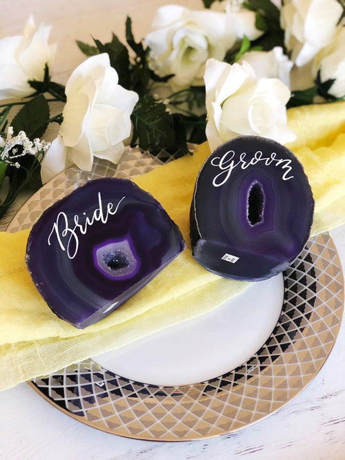 Wedding Head Table Names | Mr. & Mrs. Table Signs | Geode Agate Cut Bases | Wedding Decor | Wedding Place Cards | Wedding Escort Cards |PAIR