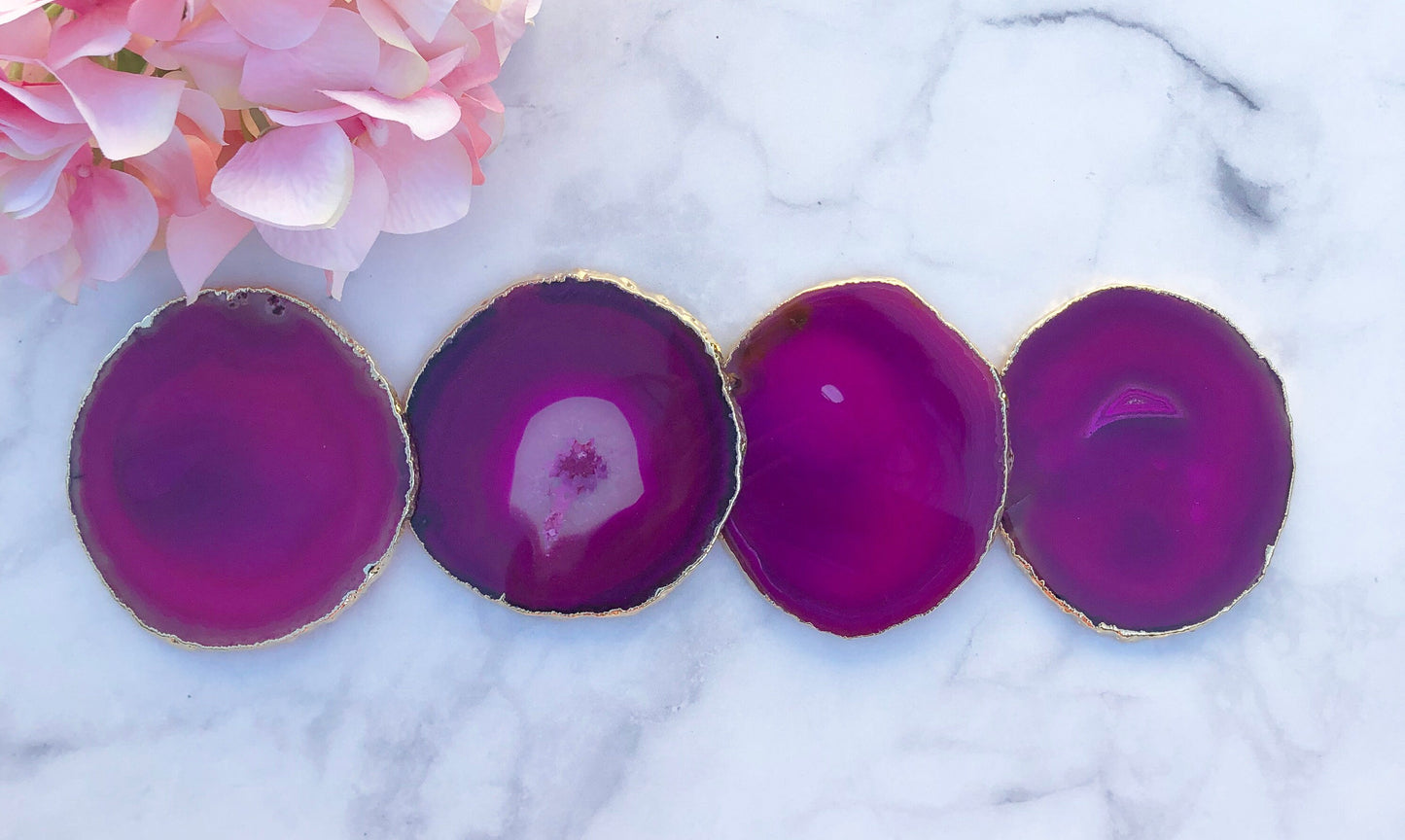 Set of 4 Pink Agate Coasters Gold Plated Rim Edge | 4S1