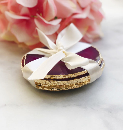 Set of 4 Pink Agate Coasters Gold Plated Rim Edge | 4S1
