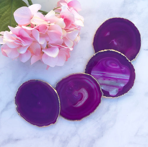 Set of 4 Pink Agate Coasters Gold Plated Rim Edge | 4S2