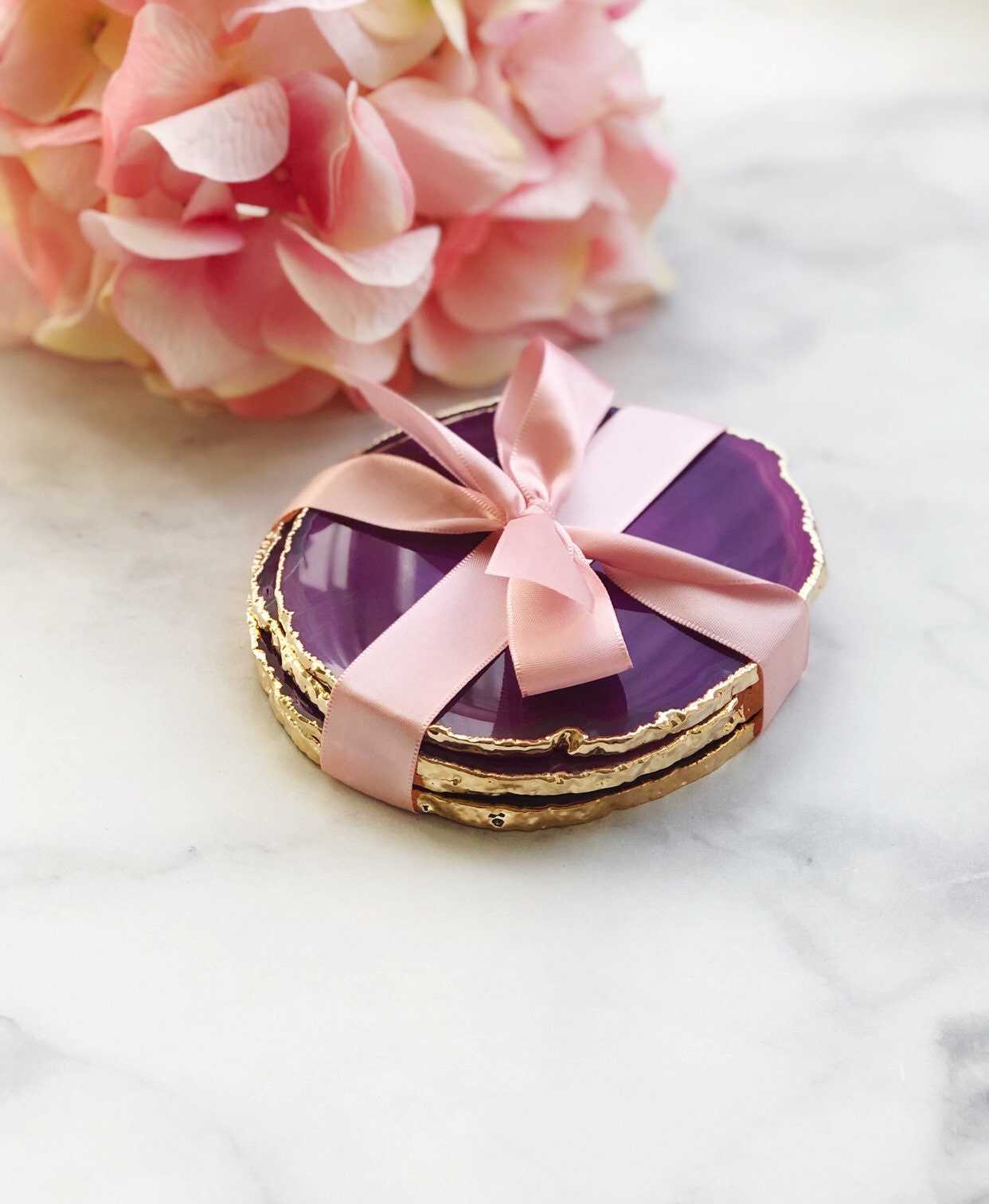 Set of 4 Pink Agate Coasters Gold Plated Rim Edge | 4S2