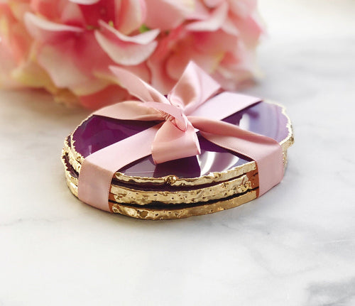 Set of 4 Pink Agate Coasters Gold Plated Rim Edge | 4S2