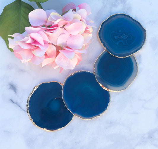 Set of 4 Teal Agate Coasters Gold Plated Rim Edge | 4S1