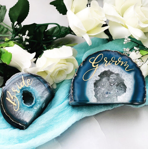 Wedding Head Table Names | Mr. & Mrs. Table Signs | Geode Agate Cut Bases | Wedding Decor | Wedding Place Cards | Wedding Escort Cards |PAIR