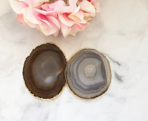 Set of 2 Natural Gray Agate Coasters Gold Plated Rim Edge | 2S1