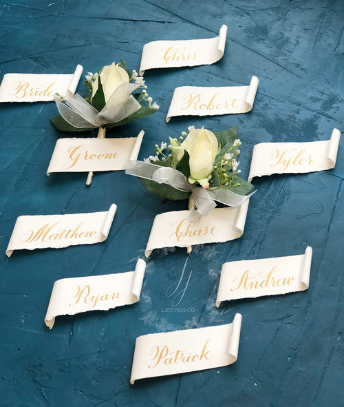 Wedding Boutonnieres Calligraphy Name Scroll Tags | Groomsmen Boutonnieres Name Tags