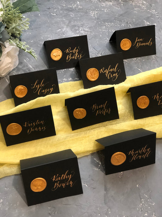 Tented Wedding Party Place Cards with Wax Seal Stamp | Place Card with Meal Choice Wax Seal Stamp