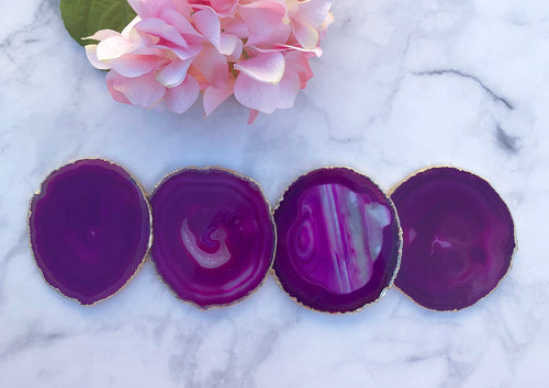 Set of 4 Pink Agate Coasters Gold Plated Rim Edge | 4S2