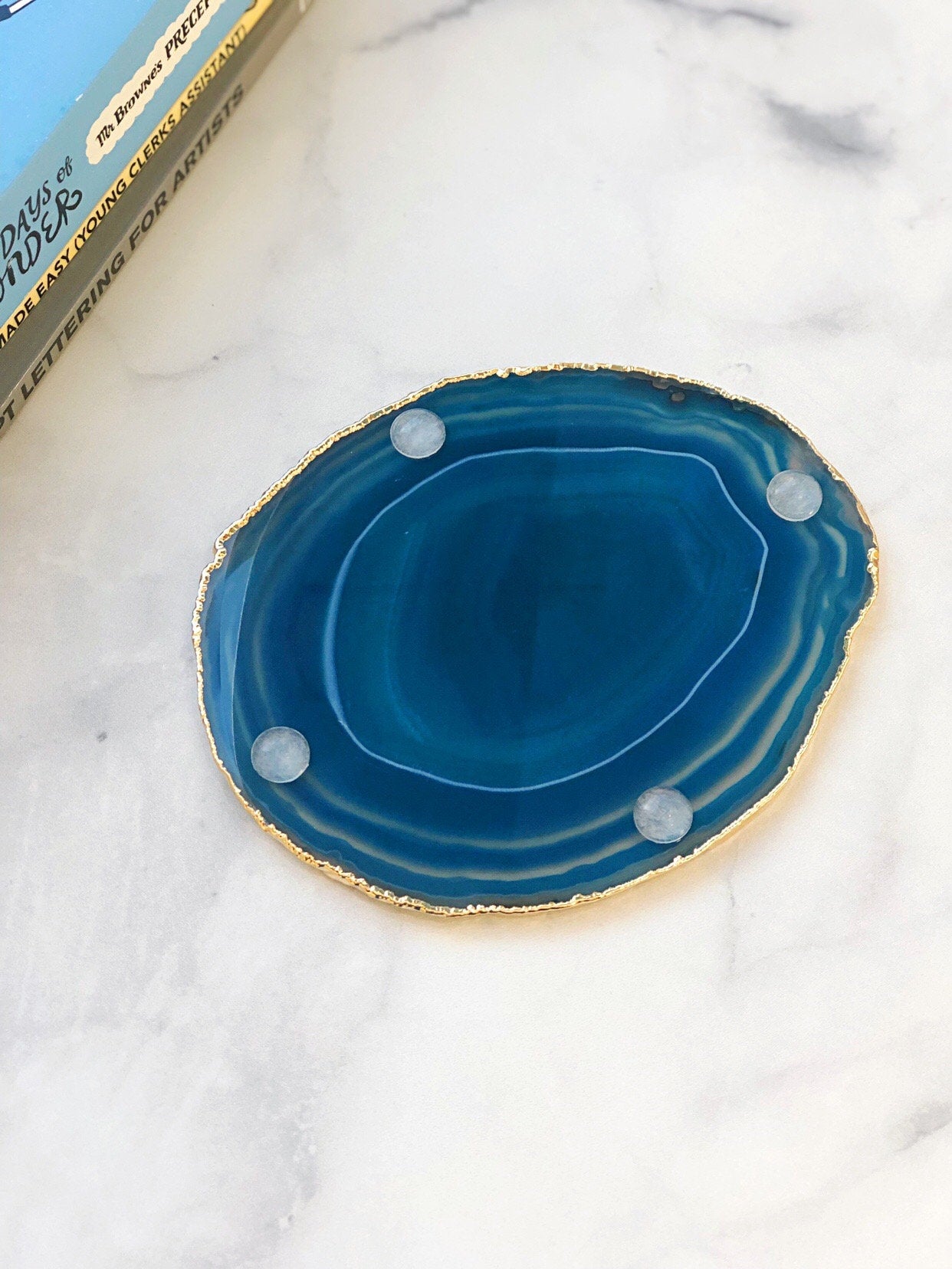 Set of 2 Teal Agate Coasters Gold Plated Rim Edge  | 2S1