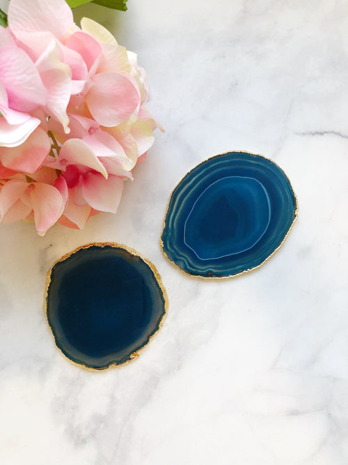 Set of 2 Teal Agate Coasters Gold Plated Rim Edge  | 2S1