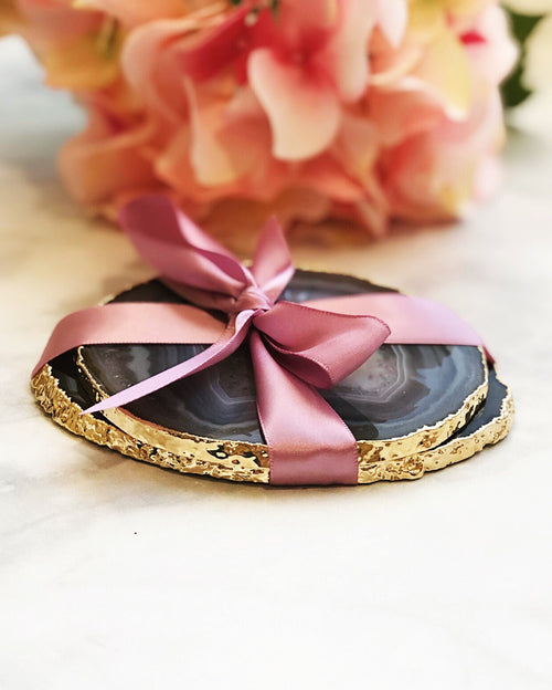Set of 2 Natural Gray Agate Coasters Gold Plated Rim Edge | 2S1