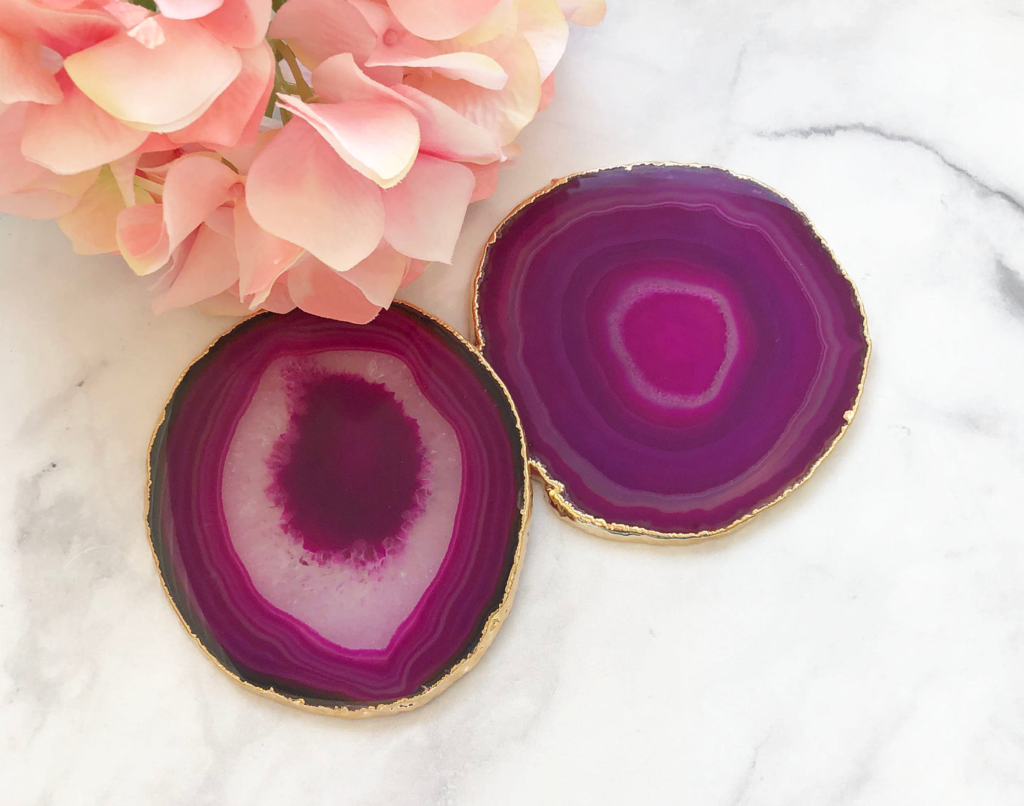 Set of 2 Pink Agate Coasters Gold Plated Rim Edge  | 2S1