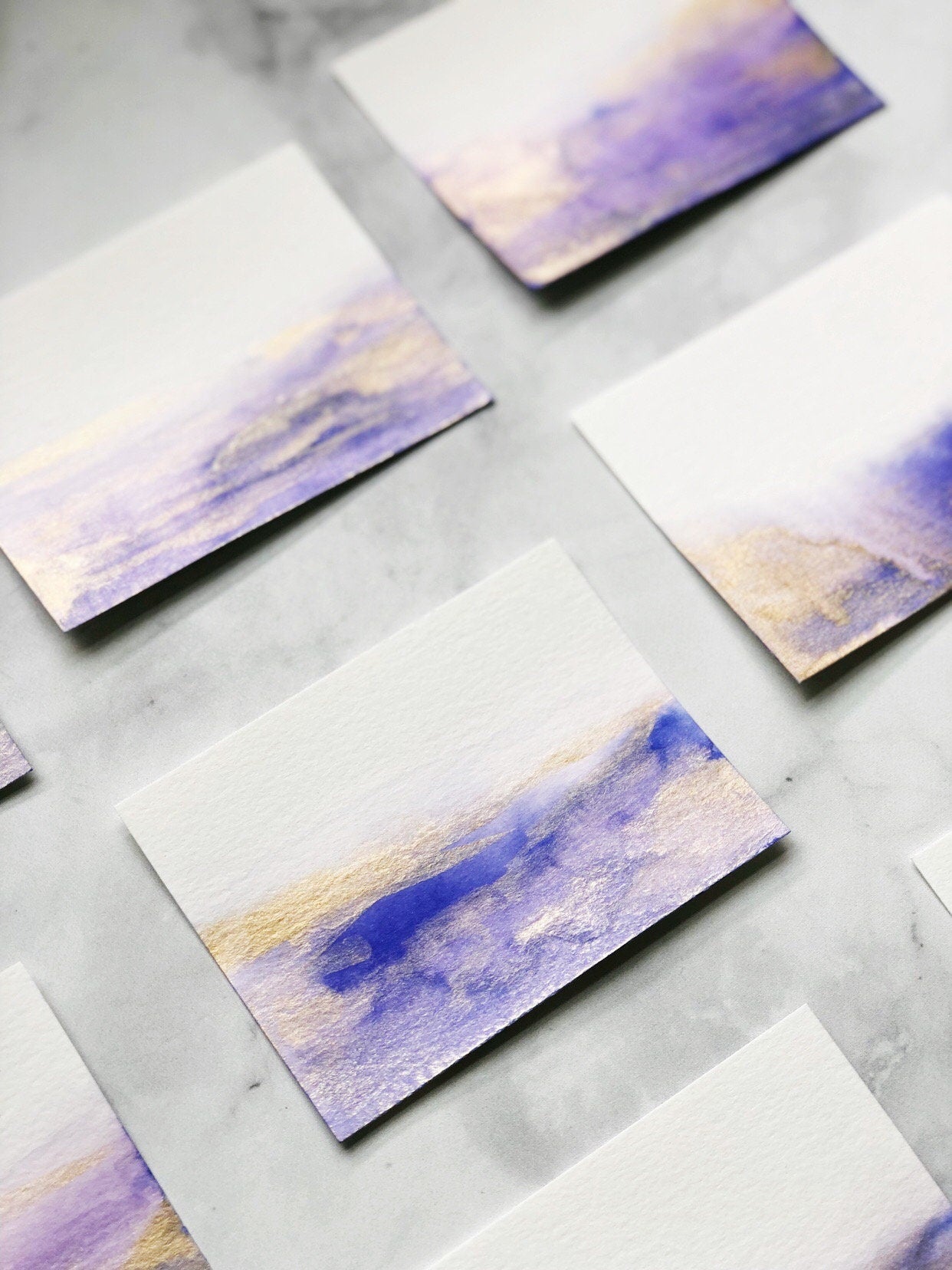Blank Purple Watercolor Wash Wedding Place Cards with Gold Accents