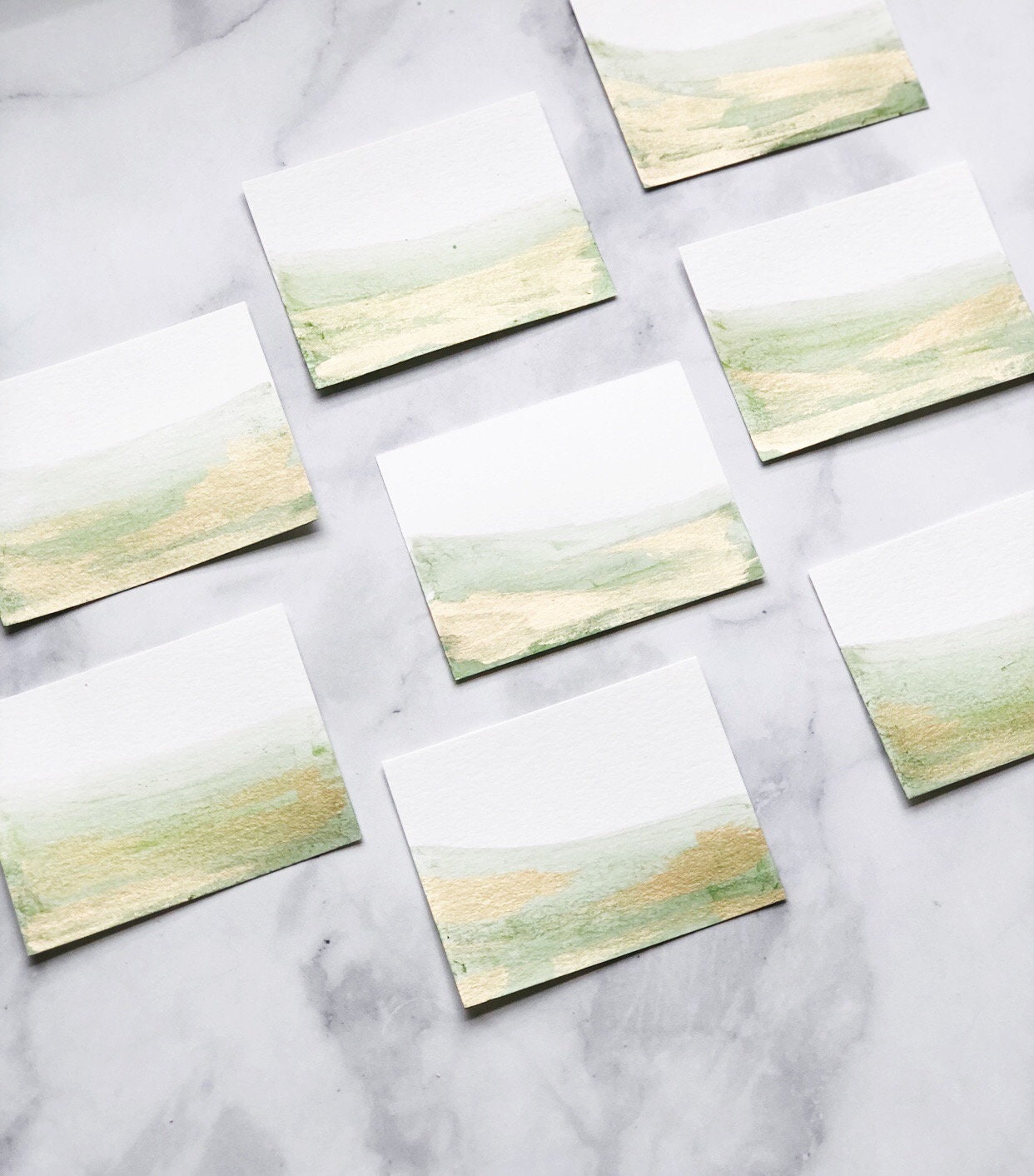 Blank Green Watercolor Wash Wedding Place Cards with Gold Accents